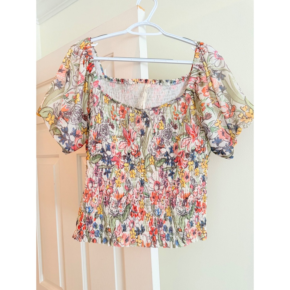 Anthropologie Floral Smocked Puff Sleeve Top Multi Color Square Neck Blouse L